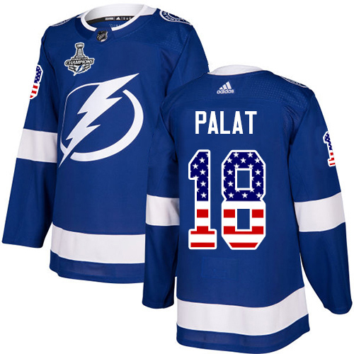 Men Adidas Tampa Bay Lightning #18 Ondrej Palat Blue Home Authentic USA Flag 2020 Stanley Cup Champions Stitched NHL Jersey